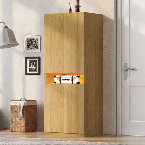 Armoire 70x55x180 Cm - Niches LED - Penderie Avec Tringle - Grand Rangement - Mdf - Naturel