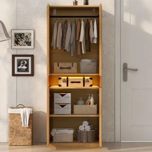Armoire 70x55x180 Cm - Niches LED - Penderie Avec Tringle - Grand Rangement - Mdf - Naturel