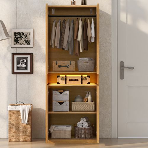 Armoire 70x55x180 Cm - Niches LED - Penderie Avec Tringle - Grand Rangement - Mdf - Naturel