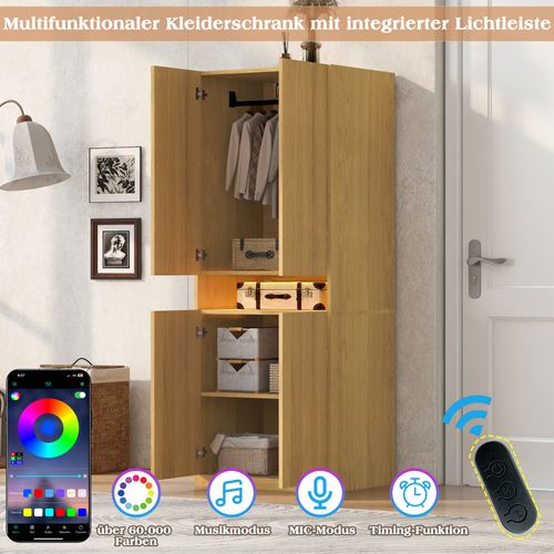 Armoire 70x55x180 Cm - Niches LED - Penderie Avec Tringle - Grand Rangement - Mdf - Naturel