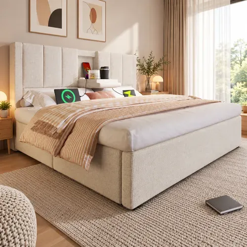 Lit Coffre Rembourré 140x190 Cm, Rangement Hydraulique, Porte-gobelet, Recharge, Lin, Beige