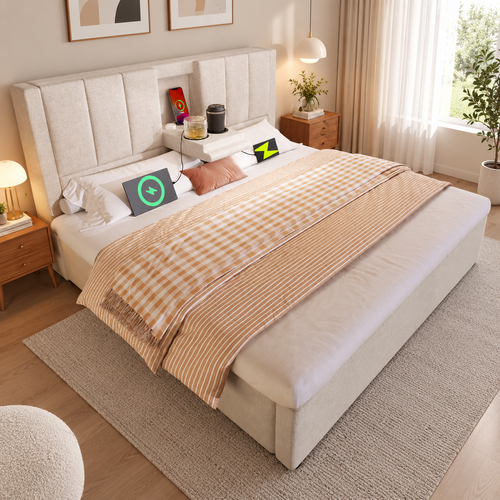 Lit Coffre Rembourré 140x190 Cm, Rangement Hydraulique, Porte-gobelet, Recharge, Lin, Beige