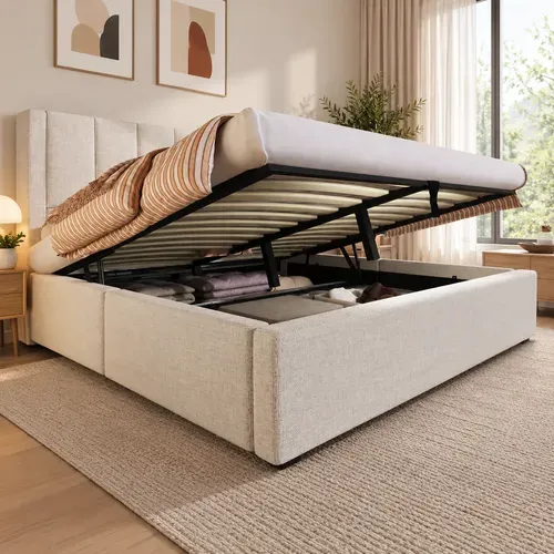 Lit Coffre Rembourré 140x190 Cm, Rangement Hydraulique, Porte-gobelet, Recharge, Lin, Beige