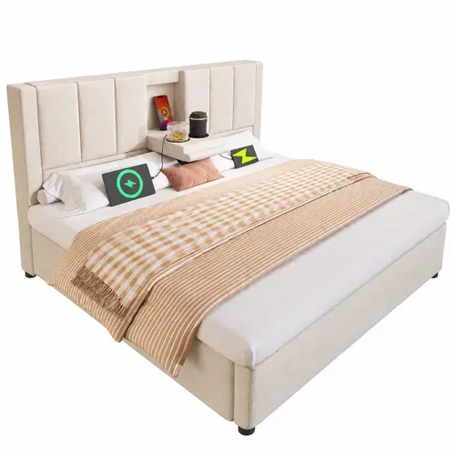 Lit Coffre Rembourré 140x190 Cm, Rangement Hydraulique, Porte-gobelet, Recharge, Lin, Beige