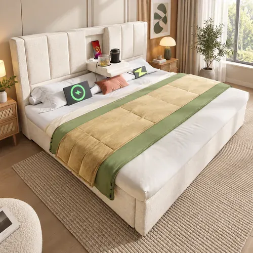 Lit Coffre Rembourré 140x190 Cm, Rangement Hydraulique, Porte-gobelet, Recharge, Lin, Beige