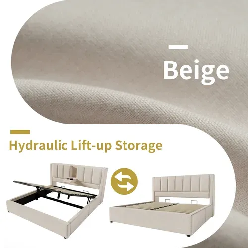 Lit Coffre Rembourré 140x190 Cm, Rangement Hydraulique, Porte-gobelet, Recharge, Lin, Beige