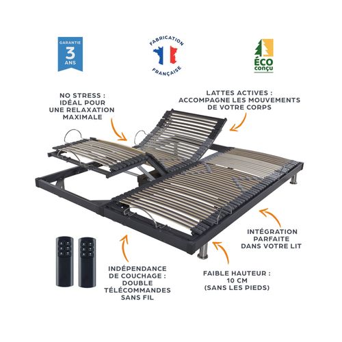 Sommier électrique S50 -lattes Bois -réglage Fermeté Zone Lombaires -2x80x200 -gris