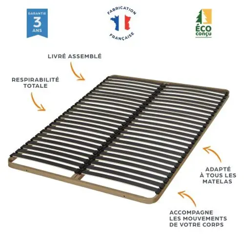 Sommier à Lattes + Pieds 120x190 C224 - 48 Lattes Bois - Fabrication Française