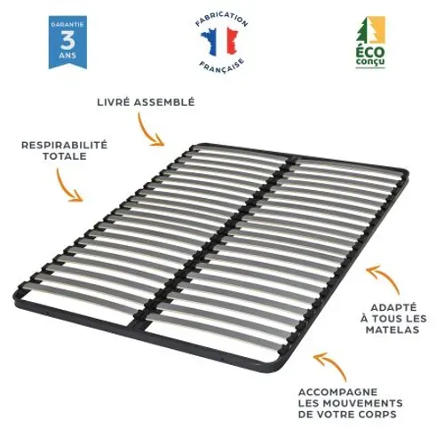 Sommier à Lattes + Pieds 160x200 C221 - 40 Lattes Bois - Fabrication Française