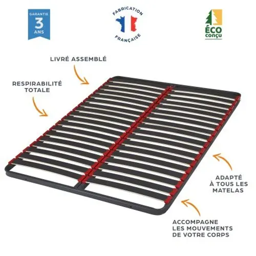 Sommier à Lattes + Pieds 120x190 C39 - 36 Lattes Bois - Fabrication Française