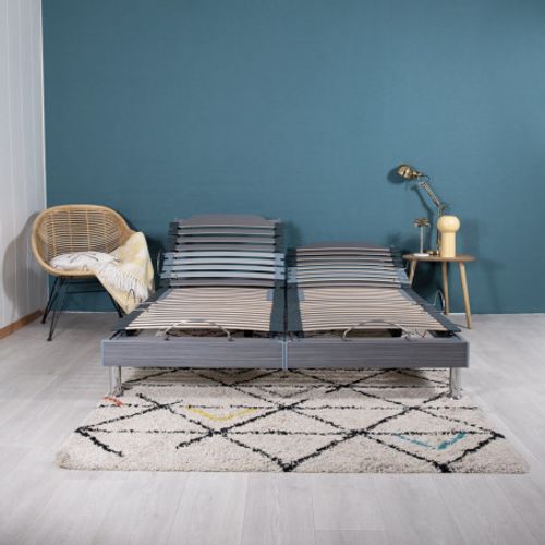Sommier électrique S62+lattes Bois - Réglage Fermeté Zone Lombaires - 2x80x200 - Gris