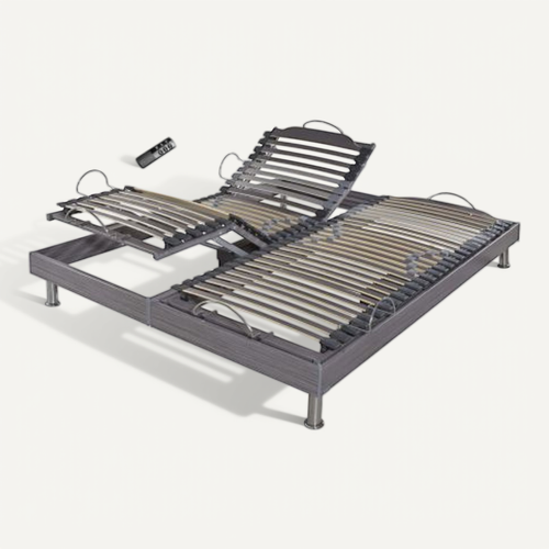 Sommier électrique S62+lattes Bois - Réglage Fermeté Zone Lombaires - 2x80x200 - Gris