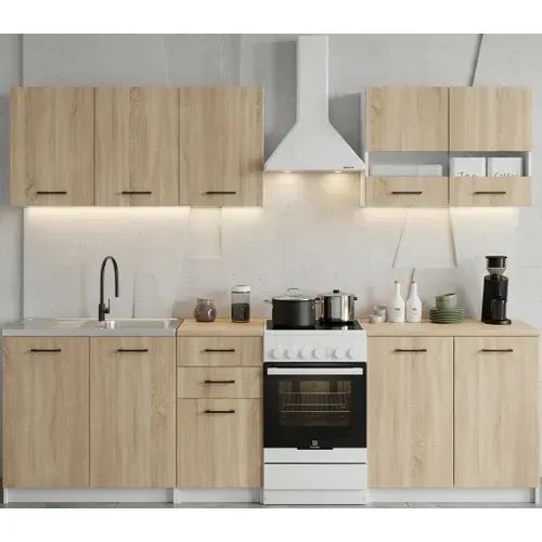 Cuisine Complète Sanclar Bois Chêne 200 Cm Avec Meuble Vitré - 6 éléments