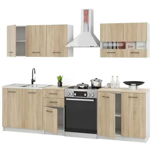 Cuisine Complète Sanclar Bois Chêne 200 Cm Avec Meuble Vitré - 6 éléments