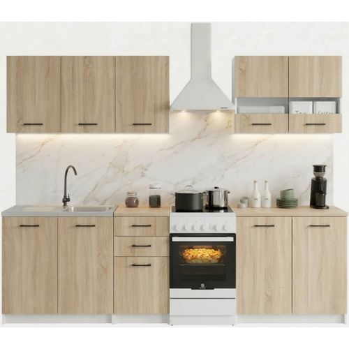 Cuisine Complète Sanclar Bois Chêne 200 Cm Avec Meuble Vitré - 6 éléments