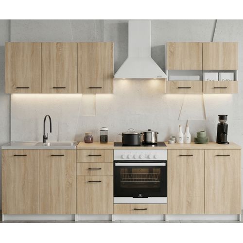 Cuisine Complète Sanclar Bois Chêne 260 Cm Avec Encastrement Four - 7 éléments