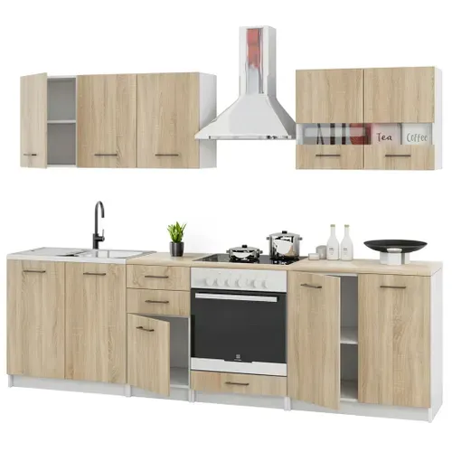 Cuisine Complète Sanclar Bois Chêne 260 Cm Avec Encastrement Four - 7 éléments