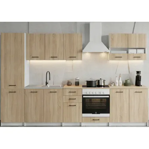 Cuisine Complète Sanclar Bois Chêne 310 Cm Avec Colonne Et Encastrement Four - 8 éléments