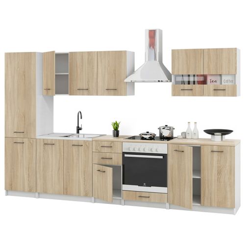 Cuisine Complète Sanclar Bois Chêne 310 Cm Avec Colonne Et Encastrement Four - 8 éléments