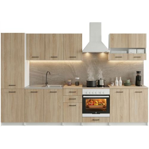 Cuisine Complète Sanclar Bois Chêne 310 Cm Avec Colonne Et Encastrement Four - 8 éléments