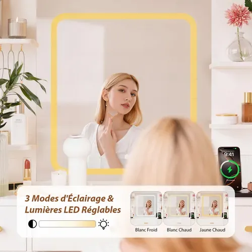 Coiffeuse - Miroir Coiffeuse Avec éclairage LED - Luminosité Réglable - 7 Tiroirs - 4 étagères Et 5