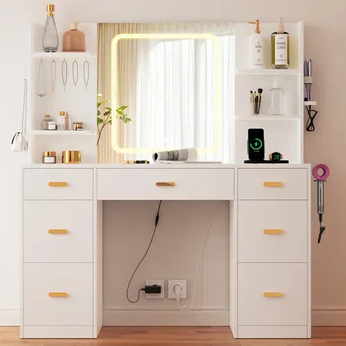 Coiffeuse - Miroir Coiffeuse Avec éclairage LED - Luminosité Réglable - 7 Tiroirs - 4 étagères Et 5