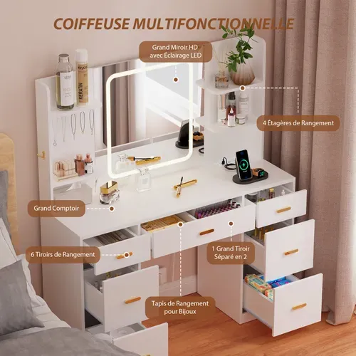 Coiffeuse - Miroir Coiffeuse Avec éclairage LED - Luminosité Réglable - 7 Tiroirs - 4 étagères Et 5