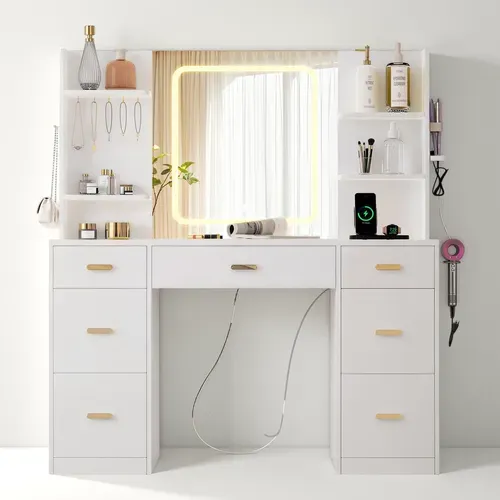 Coiffeuse - Miroir Coiffeuse Avec éclairage LED - Luminosité Réglable - 7 Tiroirs - 4 étagères Et 5