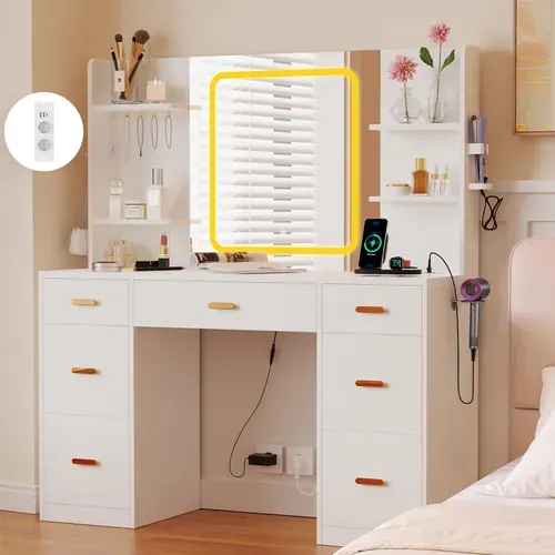 Coiffeuse - Miroir Coiffeuse Avec éclairage LED - Luminosité Réglable - 7 Tiroirs - 4 étagères Et 5