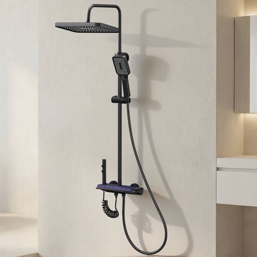 Colonne De Douche En Alliage De Titane Noir Pomme De Douche Rectangulaire Quatre Modes De Jet écran