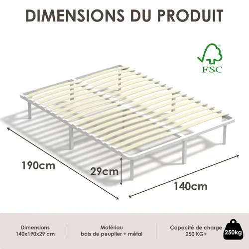 Sommier à Lattes 140x190 Cm, 2x16 Rangs,  Incl. 9 Repose-pieds