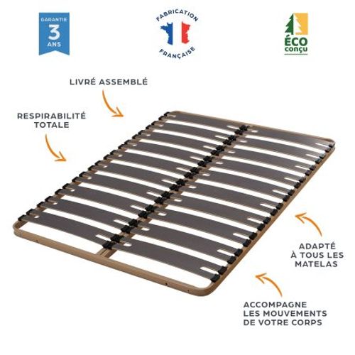 Sommier à Lattes + Pieds 2x80x200 C310 - 22 Lates Bois - Fabrication Française