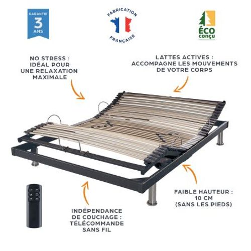 Sommier électrique S50 Mono-lattes Bois-réglage Fermeté Zone Lombaires-140x190-gris
