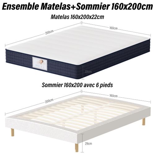 Ensemble Matelas ressort 160x200 cm Epaisseur 22 cm + Sommier tapissier