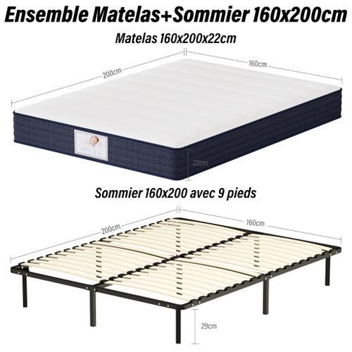 Ensemble Matelas à Ressorts 160x200 cm Epaisseur 22 cm + sommier à Lattes Sur Pieds