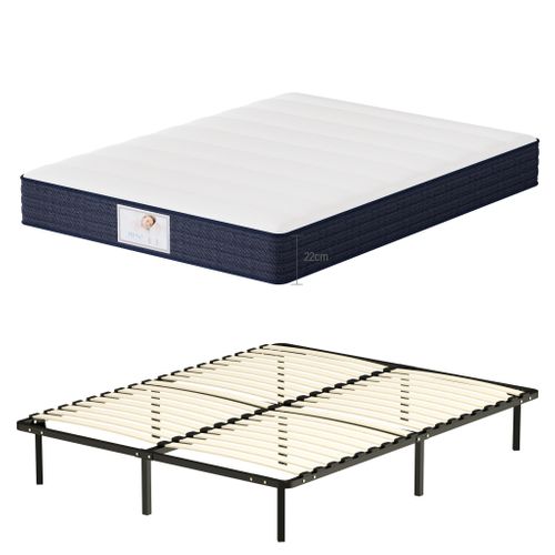 Ensemble Matelas à Ressorts 160x200 cm Epaisseur 22 cm + sommier à Lattes Sur Pieds