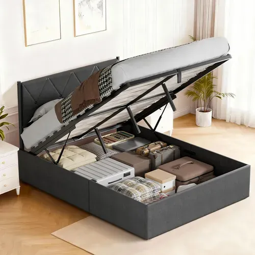 Lit Coffre 140 X 200 Cm, Sommier Relevable, Avec Rangement, Tête De Lit, Gris