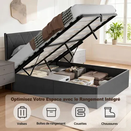 Lit Coffre 140 X 200 Cm, Sommier Relevable, Avec Rangement, Tête De Lit, Gris