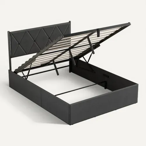 Lit Coffre 140 X 200 Cm, Sommier Relevable, Avec Rangement, Tête De Lit, Gris