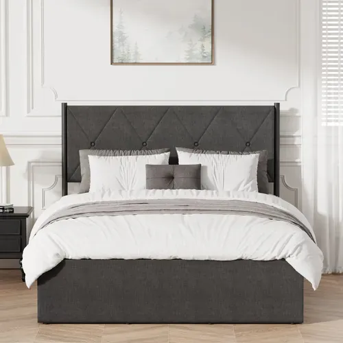 Lit Coffre 140 X 200 Cm, Sommier Relevable, Avec Rangement, Tête De Lit, Gris