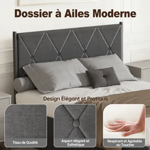 Lit Coffre 140 X 200 Cm, Sommier Relevable, Avec Rangement, Tête De Lit, Gris