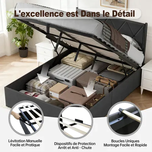 Lit Coffre 160 X 200 Cm, Sommier Relevable, Avec Rangement, Tête De Lit, Gris