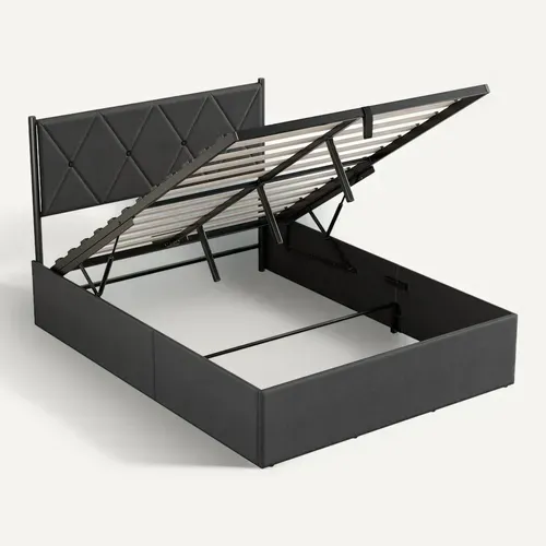 Lit Coffre 160 X 200 Cm, Sommier Relevable, Avec Rangement, Tête De Lit, Gris