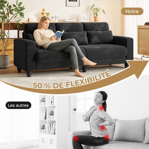 Canapé 3 Places Tissu Chenille Noir,appui-lombaire Intégré,220x81x88cm