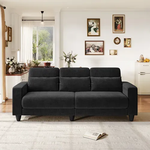 Canapé 3 Places Tissu Chenille Noir,appui-lombaire Intégré,220x81x88cm