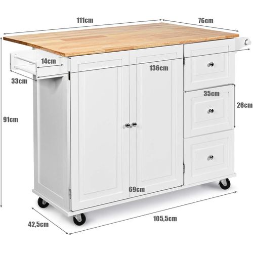 Desserte De Cuisine Sur Roulettes, Îlot Central Cuisine Plateau En Bois D'hévéa Pliable, Blanc