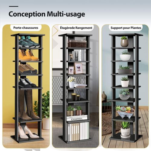Meuble à Chaussures 7 Niveaux En Forme De Tour Peu Encombrante 27 X 26 X 110 Cm Noir
