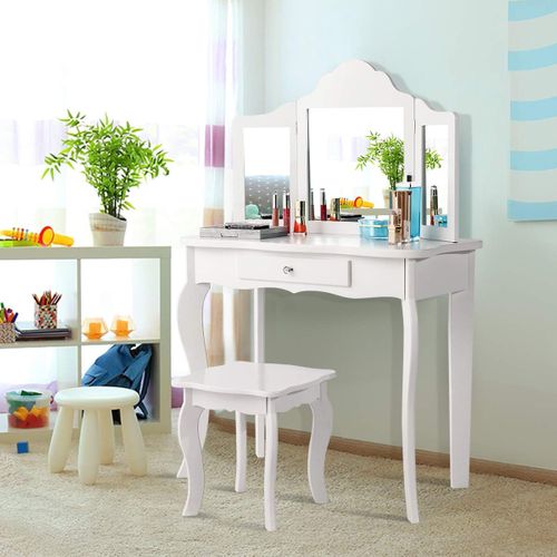 Tabouret Et Coiffeuse Enfant Rose – Mobilier Chambre Avec Tiroir, Dimensions 56x71 Cm