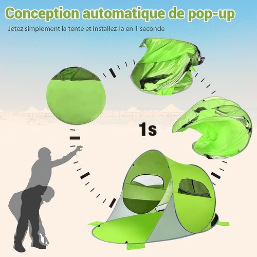 Tente De Plage Pliable Pop-up Automatique Instantanée 3-4 Personnes Anti Uv 220x159x115cm
