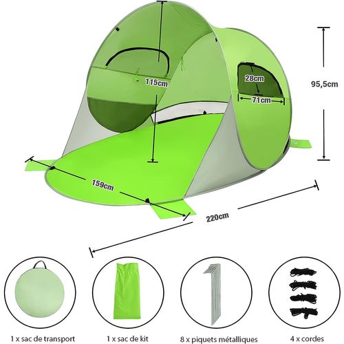 Tente De Plage Pliable Pop-up Automatique Instantanée 3-4 Personnes Anti Uv 220x159x115cm